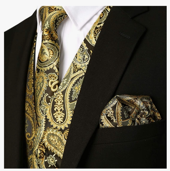 Zeroyaa Classic 3 Pc Black/Gold Vest Set With Tie & Pocket Square Size XXL NWT - Picture 3 of 11
